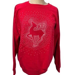 VTG Handmade Reindeer Red Sweatshirt Ivory Dots‎ Women L Christmas Ugly Pullover